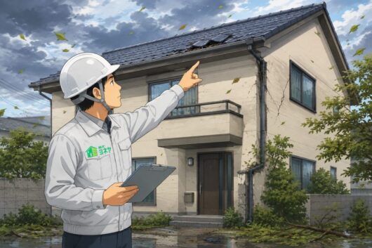 奈良県塗装会社による塗装専門業者が台風後に家を点検しているイラスト画像
