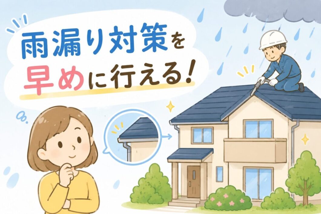 雨漏り対策を早めに行えた女性と、専門業者のイラスト