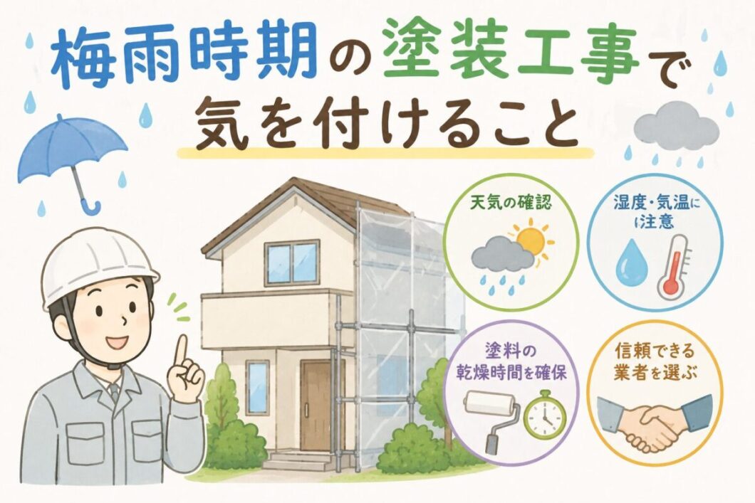 梅雨時期の塗装工事で気を付けるポイントを紹介するイラスト