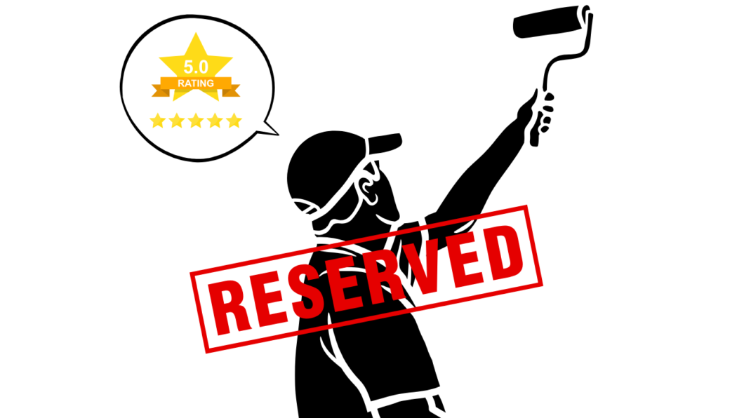 塗装ローラーを掲げる職人のシルエットの上に、予約済みを意味する赤いスタンプ「RESERVED」が押され、吹き出しで「5.0 RATING」と5つ星の評価が表示されているイラスト