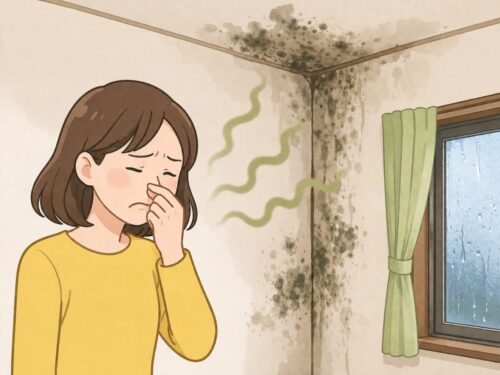 雨漏りによってカビ臭さを感じる様子を表したイラスト
