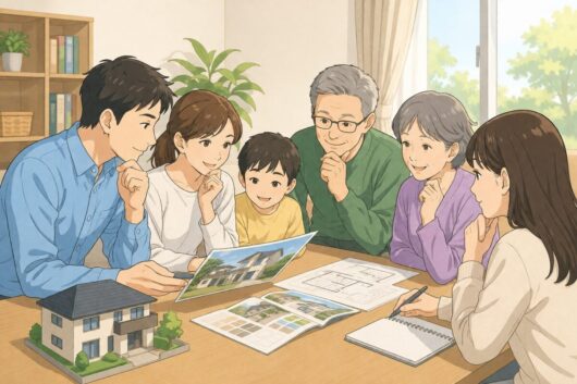 橿原市・田原本の外壁塗装・屋根塗装は実績No.1安心ヨネヤの奈良県の家のメンテナンスについて家族で話し合うイラスト