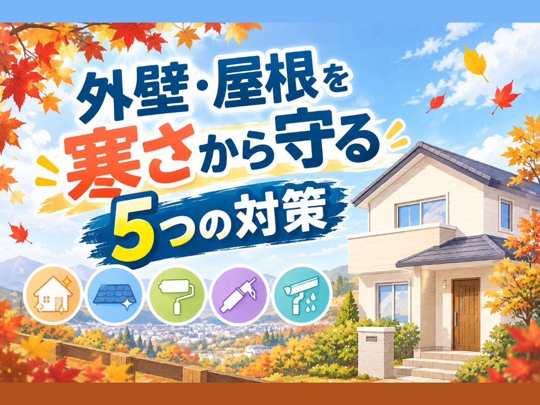 外壁・屋根を寒さから守る5つの対策を紹介する秋の住宅イラスト