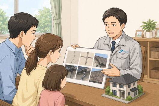 橿原市・田原本の外壁塗装・屋根塗装は実績No.1安心ヨネヤの奈良県の住まいの現状を家族に伝える営業マン