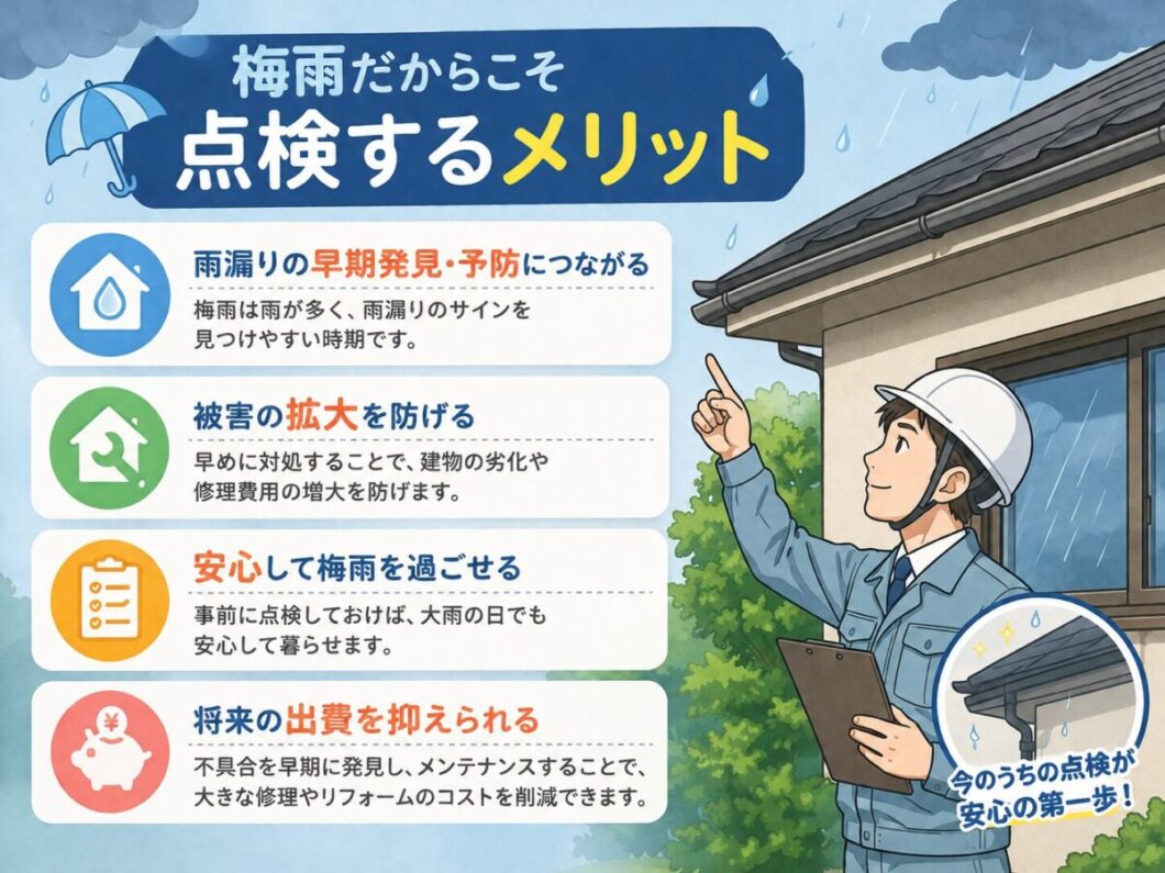 梅雨だからこそ点検するメリットを4つ提示し、点検している男性のイラスト