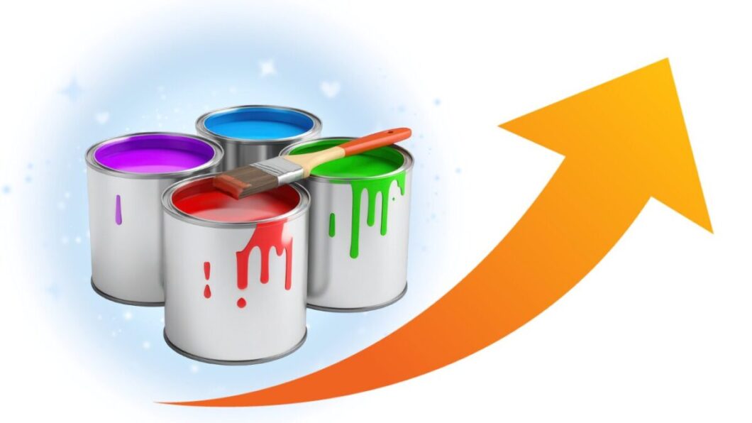 紫、青、赤、緑の4色のペンキ缶と、塗料の耐久性の向上を示すかのように、右肩上がりに力強く伸びる明るいオレンジ色の矢印が配置されたイラスト