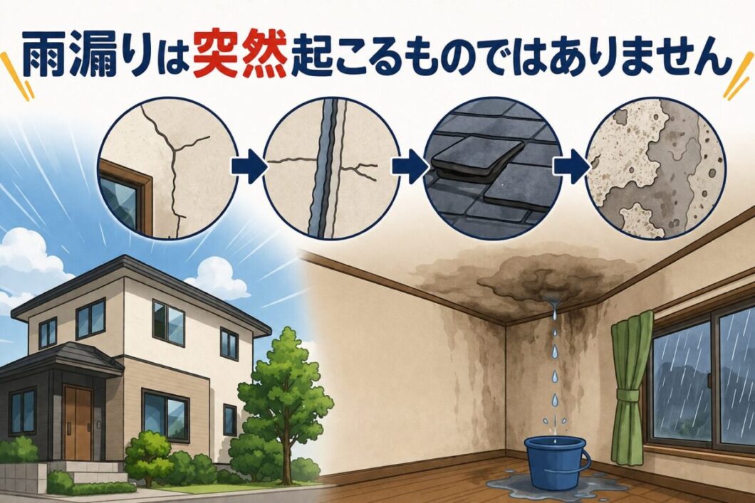 壁のひび割れや屋根の劣化が徐々に進行し、最終的に室内で雨漏りが発生するまでの流れを表したイラスト
