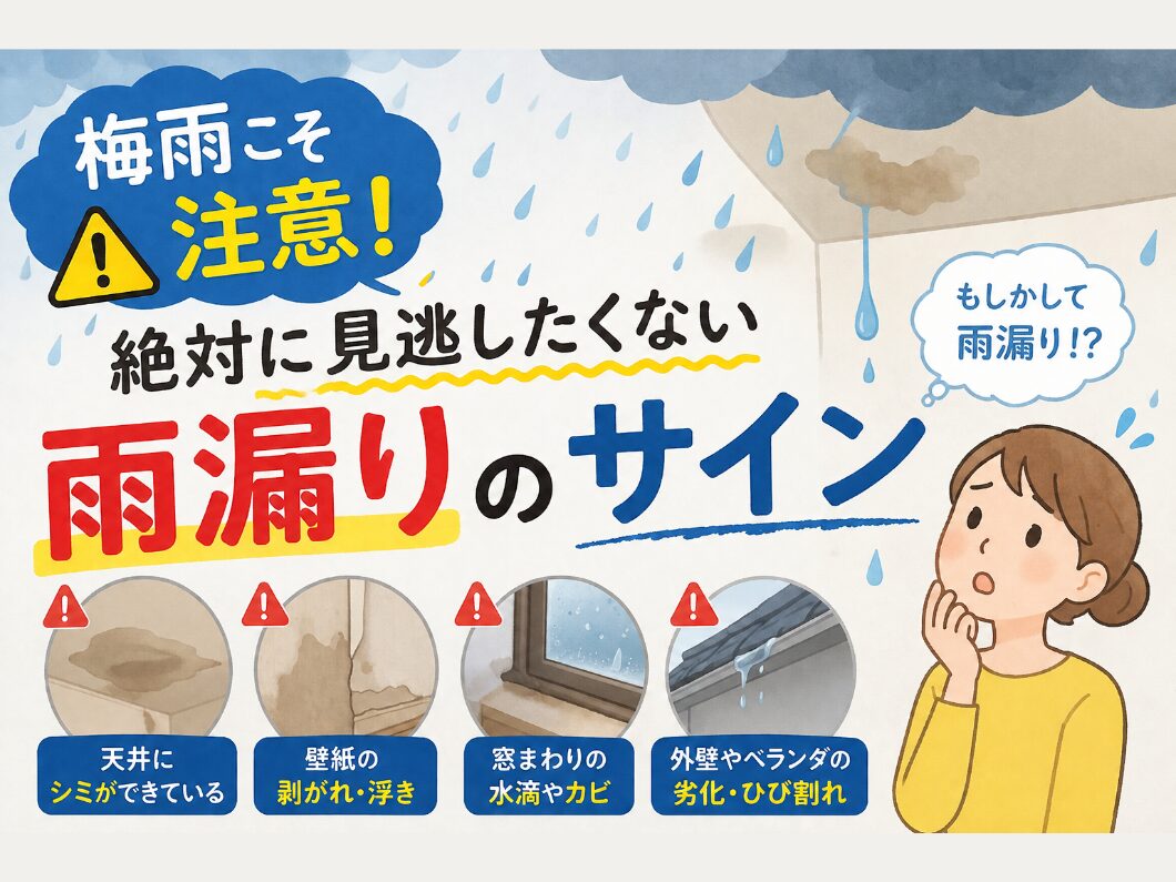 梅雨時期に注意したい雨漏りのサインを解説したイラスト。天井のシミ、壁紙の浮き、窓まわりのカビ、外壁のひび割れなどの症状を紹介