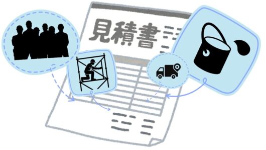 「見積書」と書かれた書類を背景に、作業員、足場、トラック、塗料缶のアイコンが配置された、塗装工事の見積もり内容をイメージさせるイラスト。