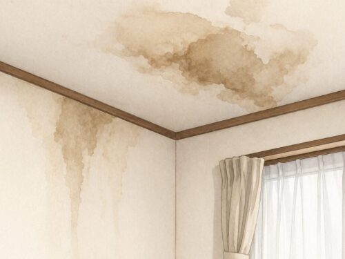 雨漏りによって天井や壁に茶色いシミが広がっている様子を表したイラスト
