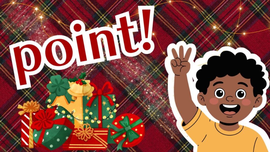 クリスマスをテーマに、赤いタータンチェックを背景に「point!」という文字と、3を指で示している男の子、そしてプレゼントの箱が描かれてい画像