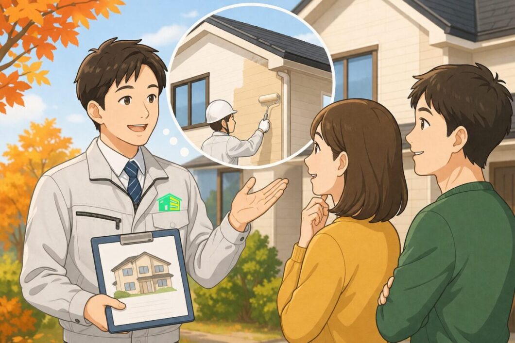 橿原市・田原本の外壁塗装・屋根塗装は実績No.1安心ヨネヤの奈良県の営業マンが秋の塗装を提案するイラスト画像