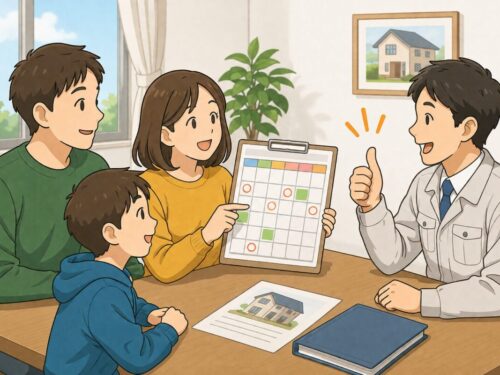 橿原市・田原本の外壁塗装・屋根塗装は実績No.1安心ヨネヤの奈良県の希望の日程通りに塗装工事が出来来ている家族のイラスト画像